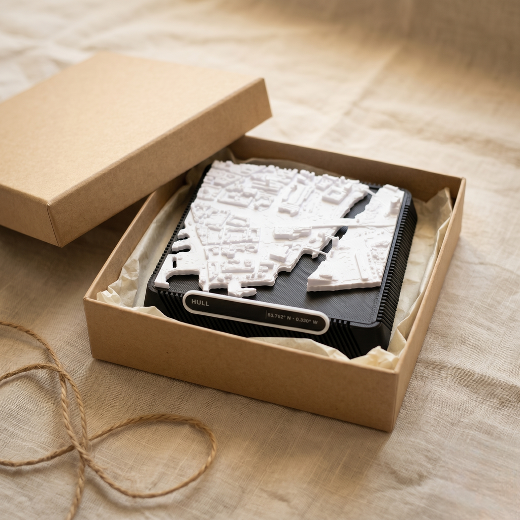 Kingston upon Hull 3D printed city map · 9×9cm relief model · 53.762° N · 0.330° W