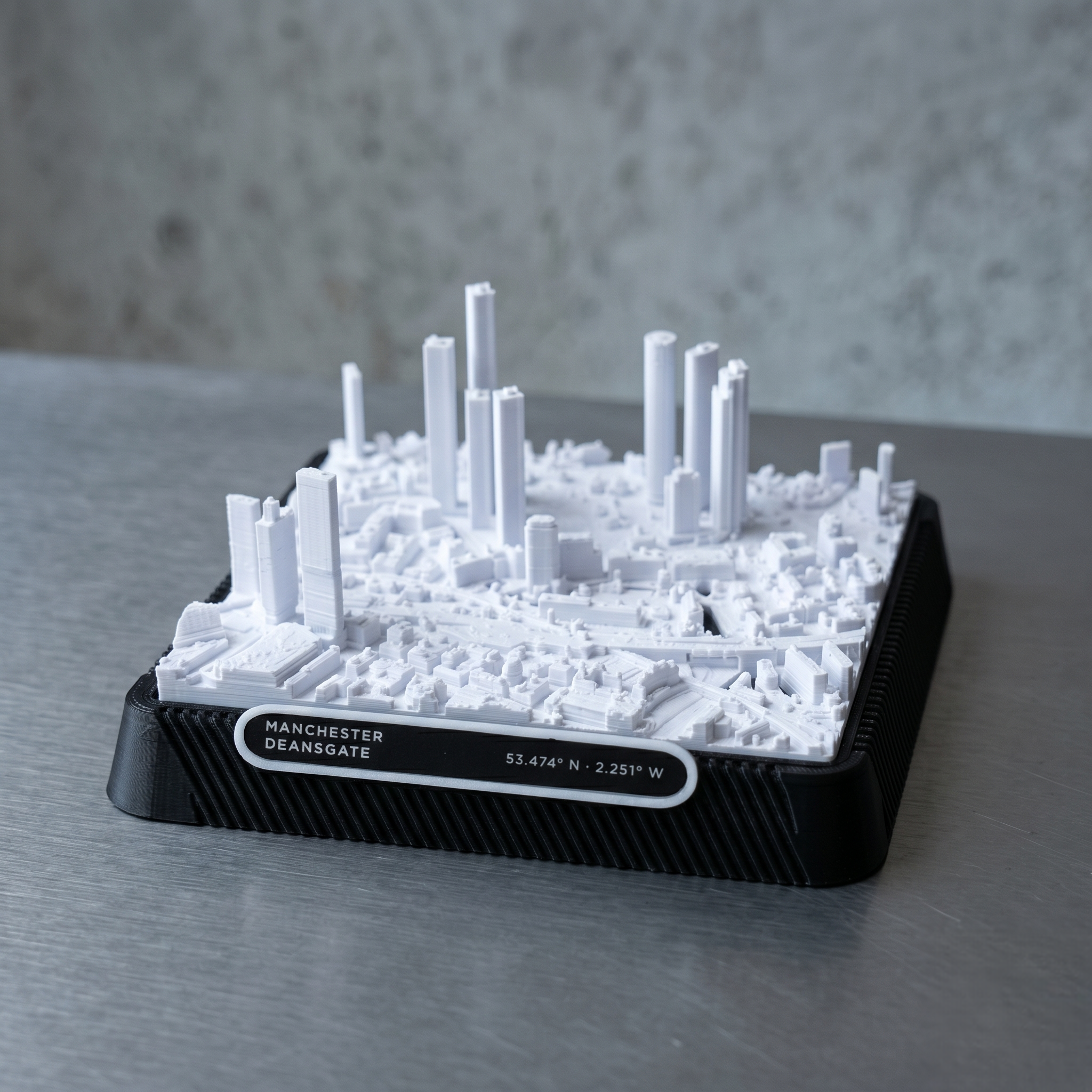 Manchester Deansgate 3D printed city map · 9×9cm relief model · 53.474° N · 2.251° W