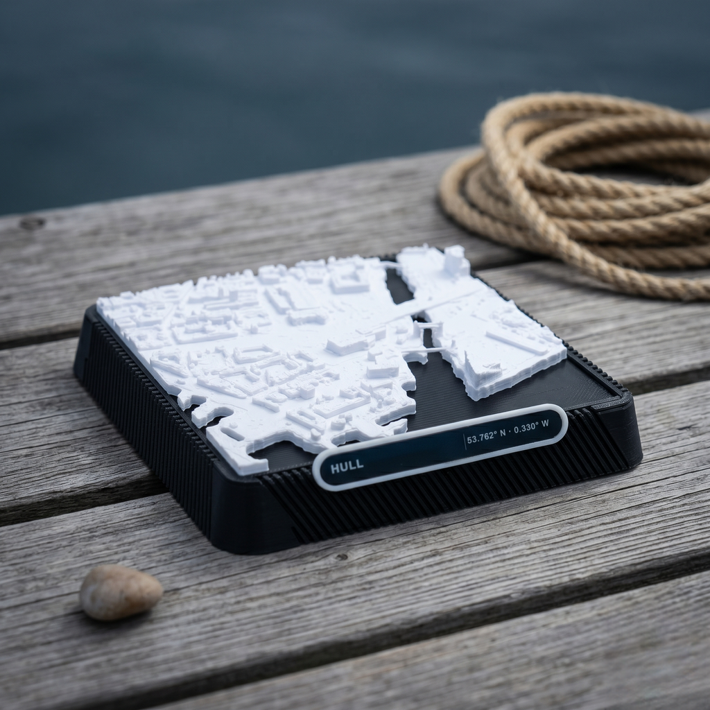 Kingston upon Hull 3D printed city map · 9×9cm relief model · 53.762° N · 0.330° W