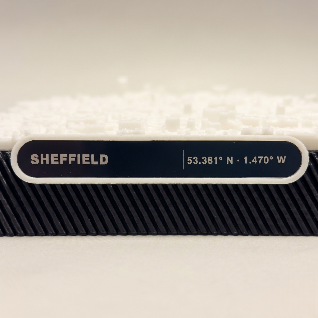 Sheffield Moorhead and Town Hall Square 3D printed city map · 9×9cm relief model · 53.380° N · 1.470° W