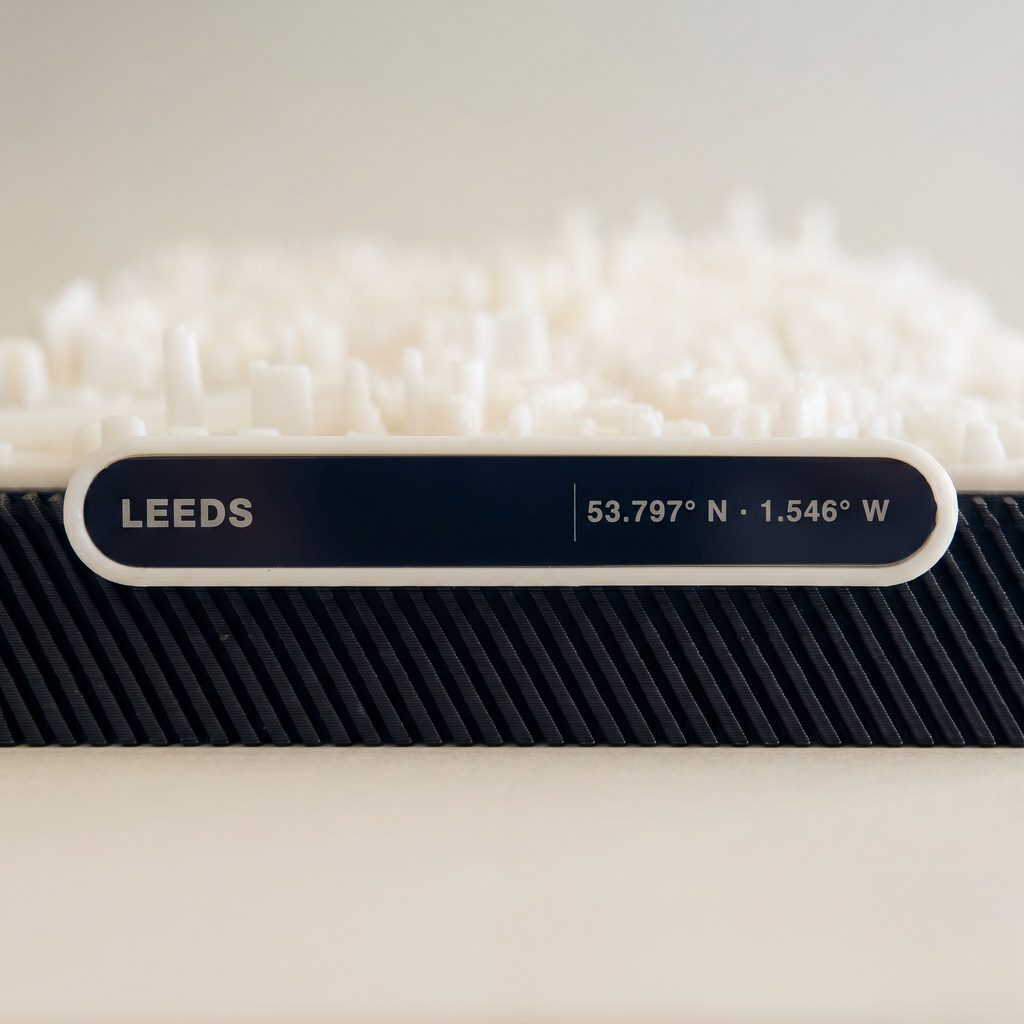 Leeds City Square 3D printed city map · 9×9cm relief model · 53.797° N · 1.546° W