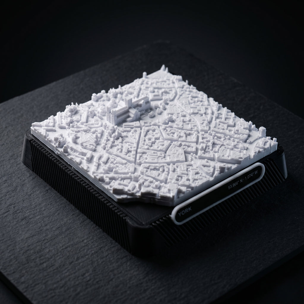 York city centre 3D printed city map · 9×9cm relief model · 53.966° N · 1.074° W