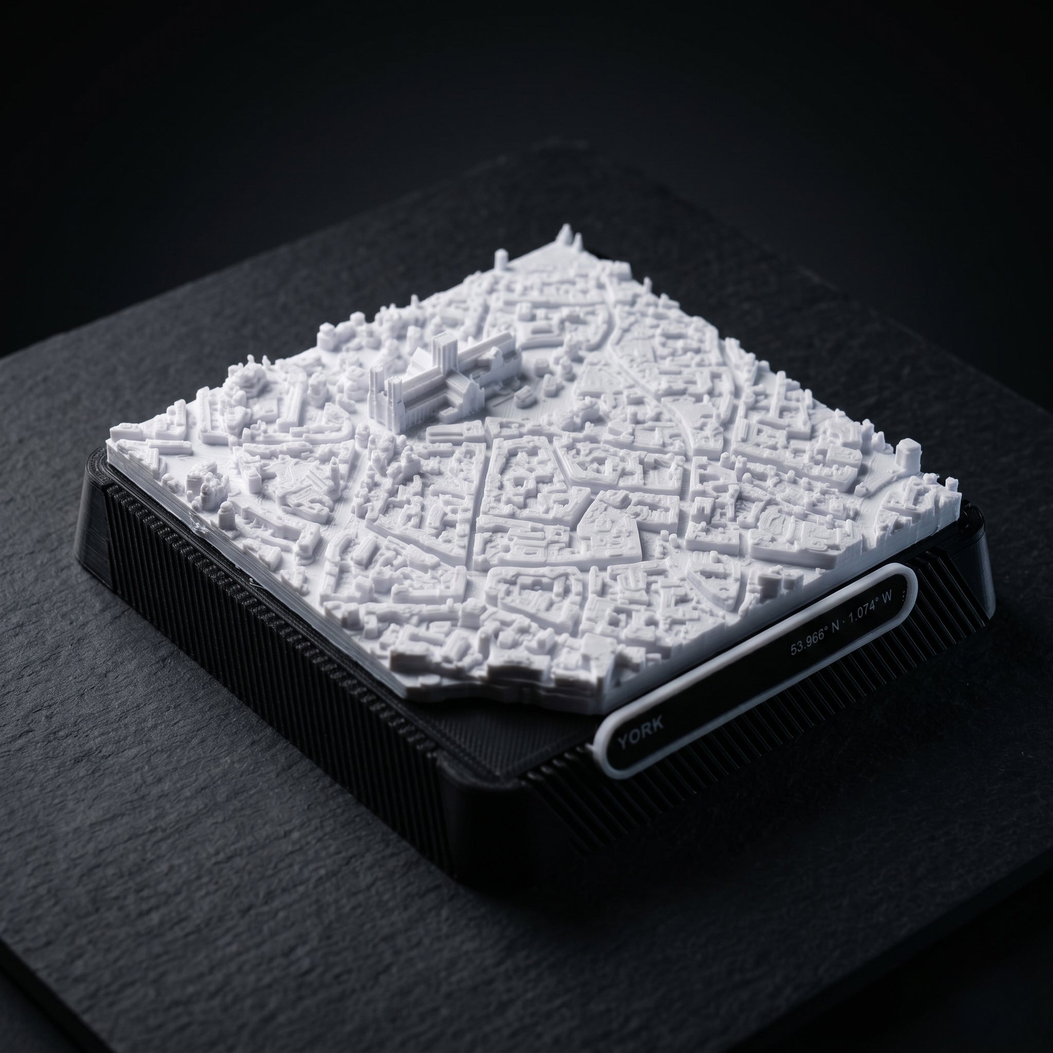York city centre 3D printed city map · 9×9cm relief model · 53.966° N · 1.074° W