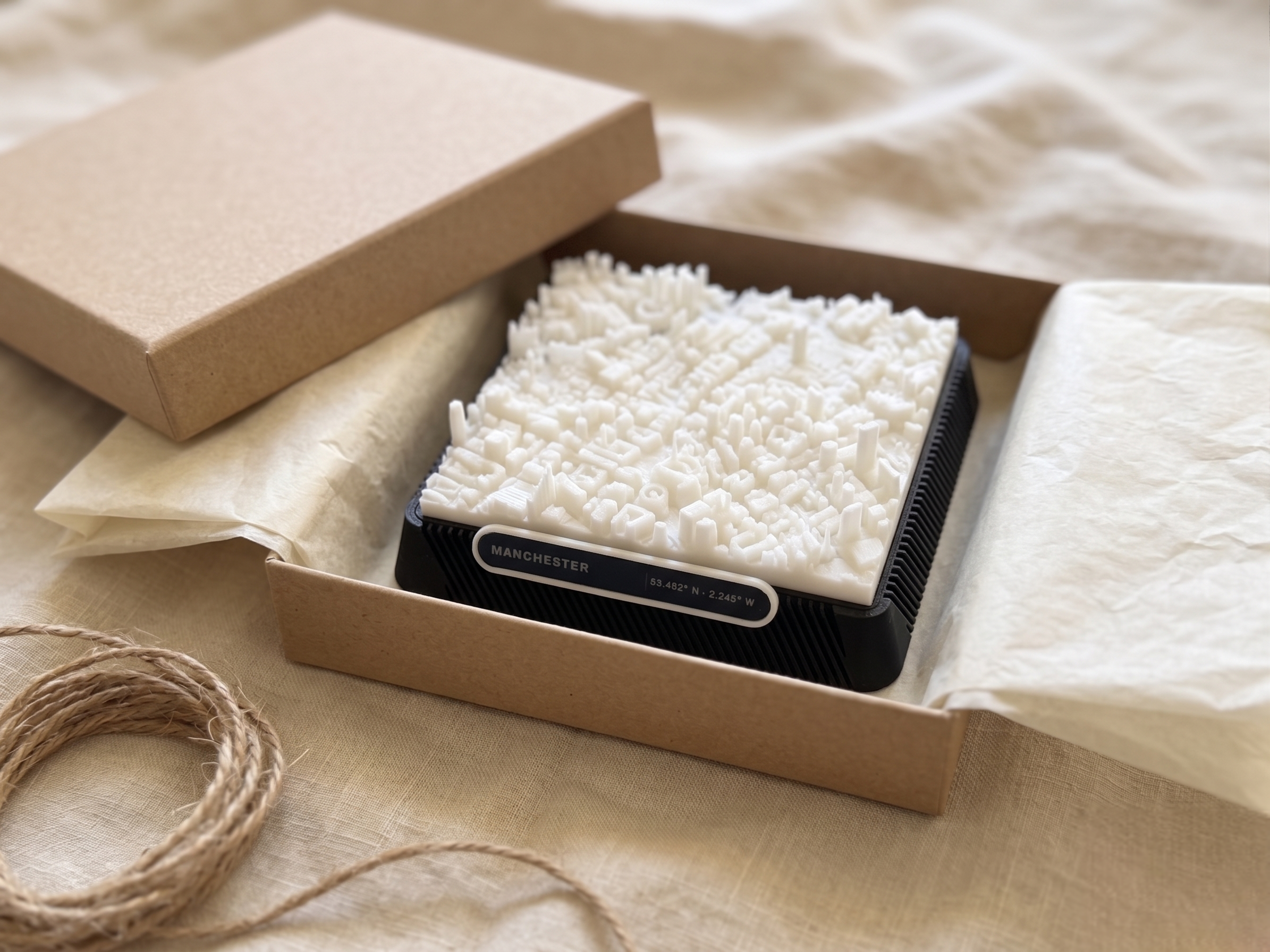 Manchester Central Retail District 3D printed city map · 9×9cm relief model · 53.482° N · 2.245° W