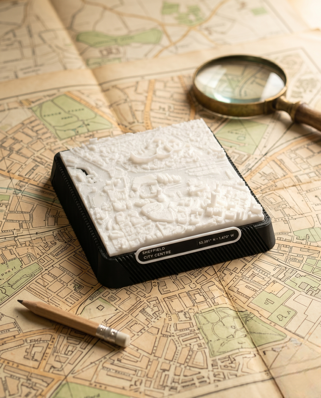 Sheffield City Centre 3D printed city map · 9×9cm relief model · 53.381° N · 1.470° W