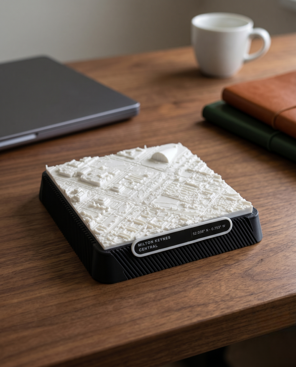 Milton Keynes Central Milton Keynes 3D printed city map · 9×9cm relief model · 52.038° N · 0.753° W