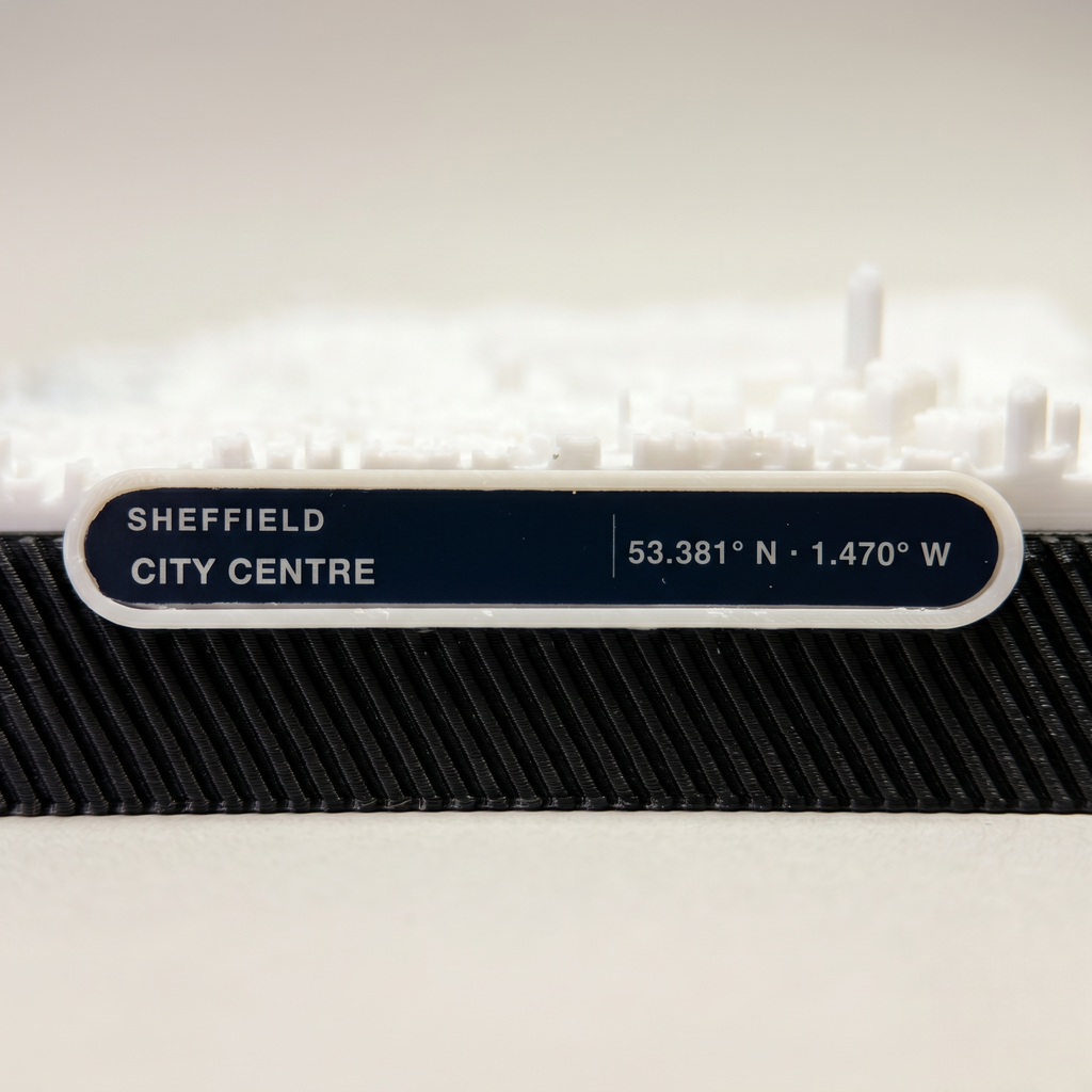Sheffield City Centre 3D printed city map · 9×9cm relief model · 53.381° N · 1.470° W