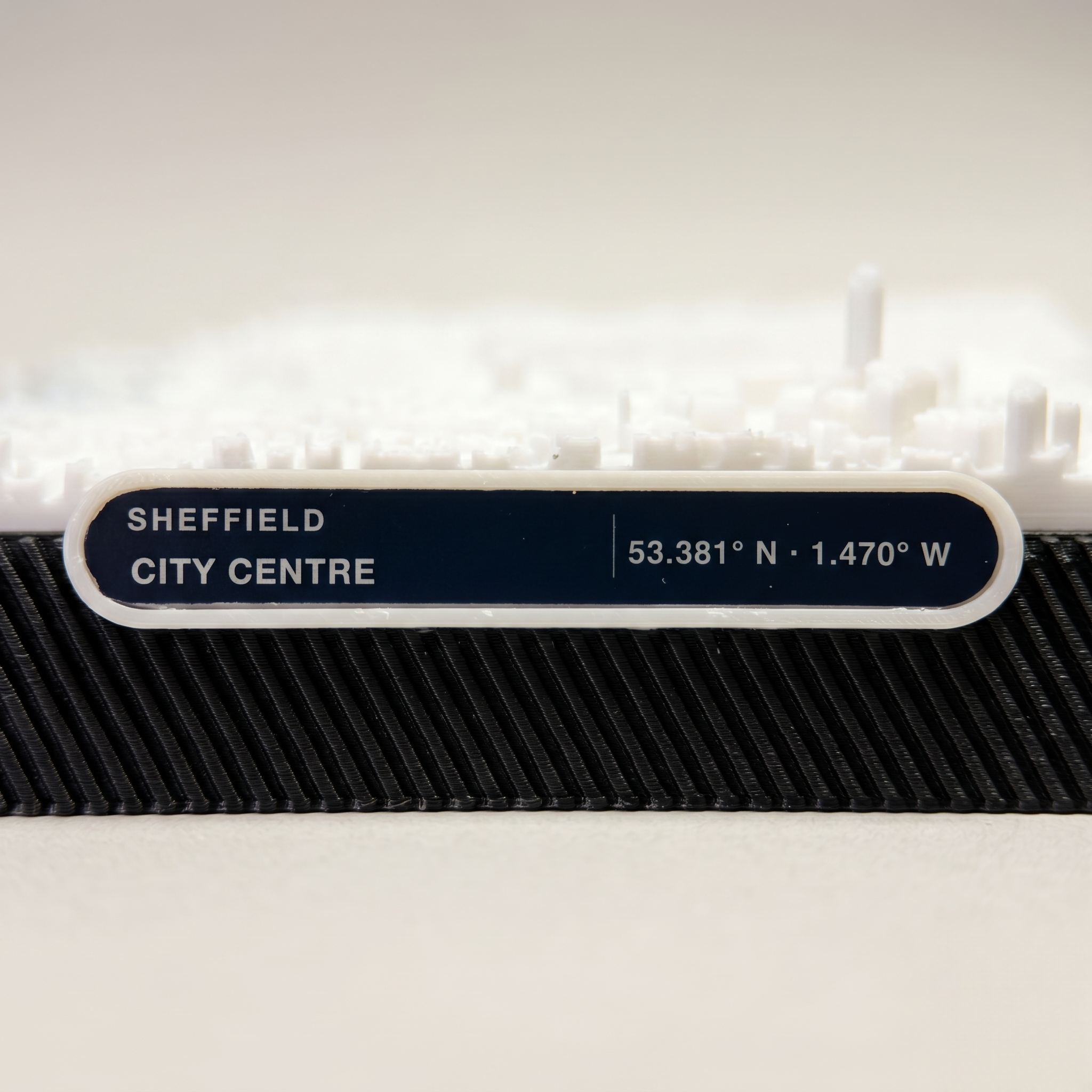 Sheffield City Centre 3D printed city map · 9×9cm relief model · 53.381° N · 1.470° W