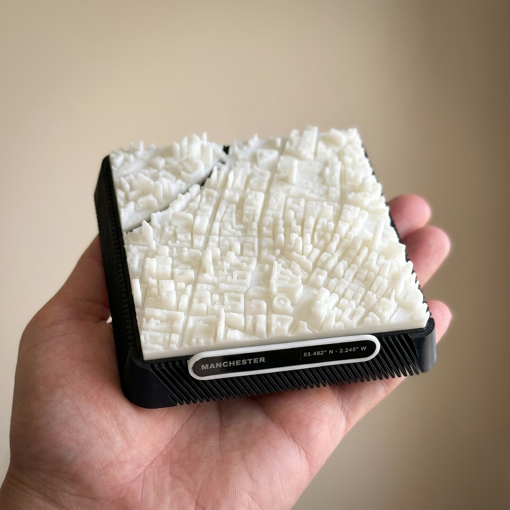 Manchester Central Retail District 3D printed city map · 9×9cm relief model · 53.482° N · 2.245° W