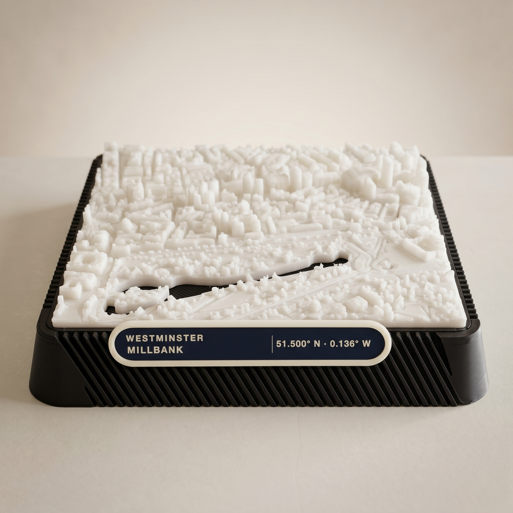 London Westminster 3D printed city map · 9×9cm relief model · 51.500° N · 0.136° W