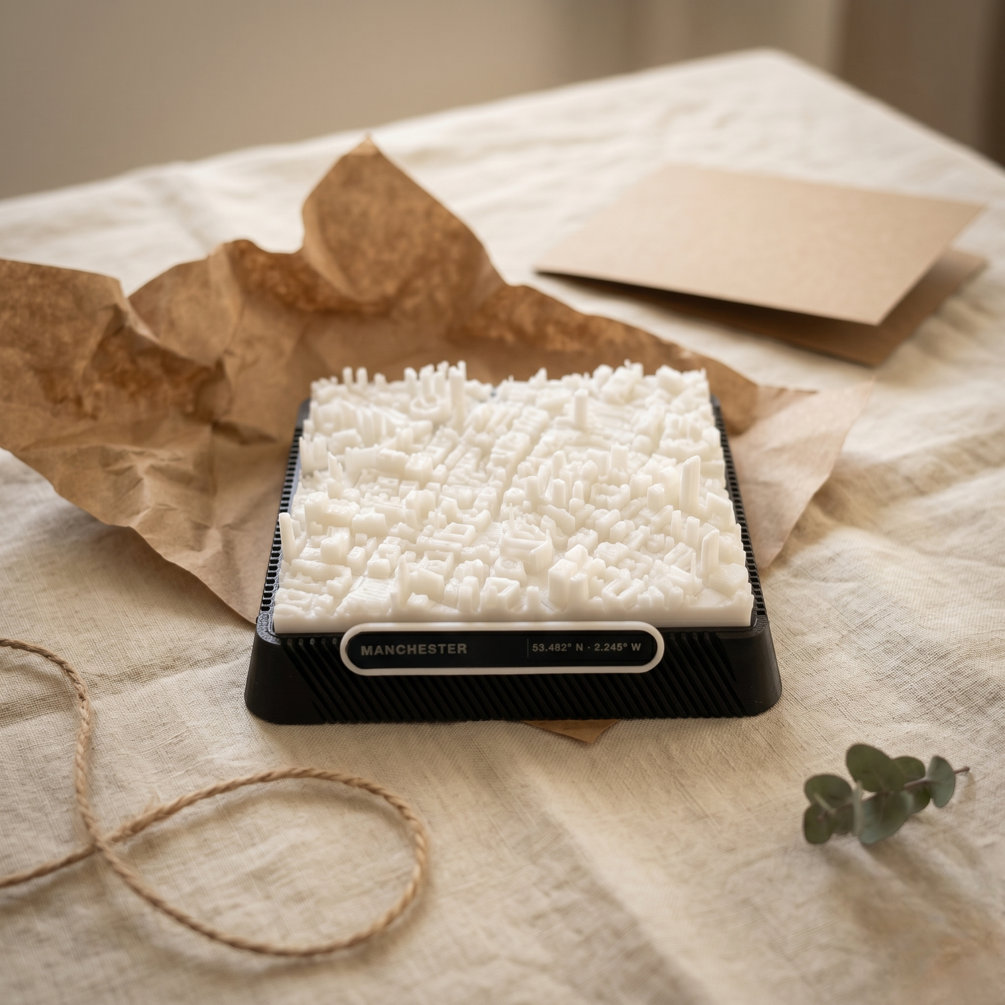 Manchester Central Retail District 3D printed city map · 9×9cm relief model · 53.482° N · 2.245° W