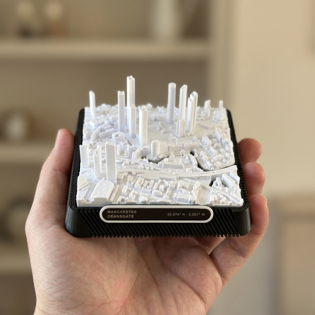 Manchester Deansgate 3D printed city map · 9×9cm relief model · 53.474° N · 2.251° W