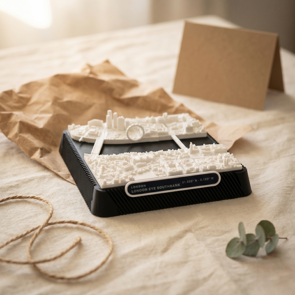 London South Bank 3D printed city map · 9×9cm relief model · 51.503° N · 0.120° W