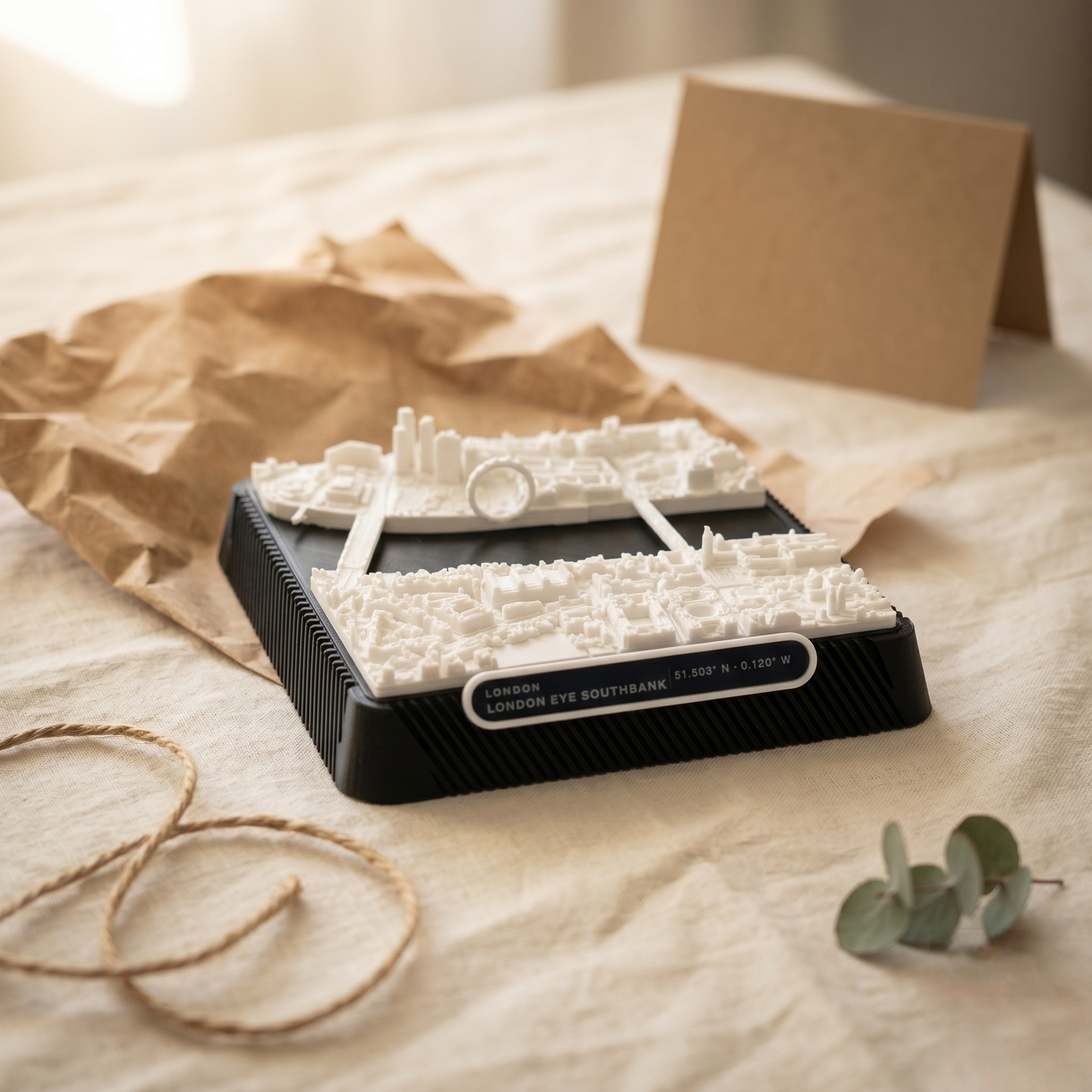 London South Bank 3D printed city map · 9×9cm relief model · 51.503° N · 0.120° W