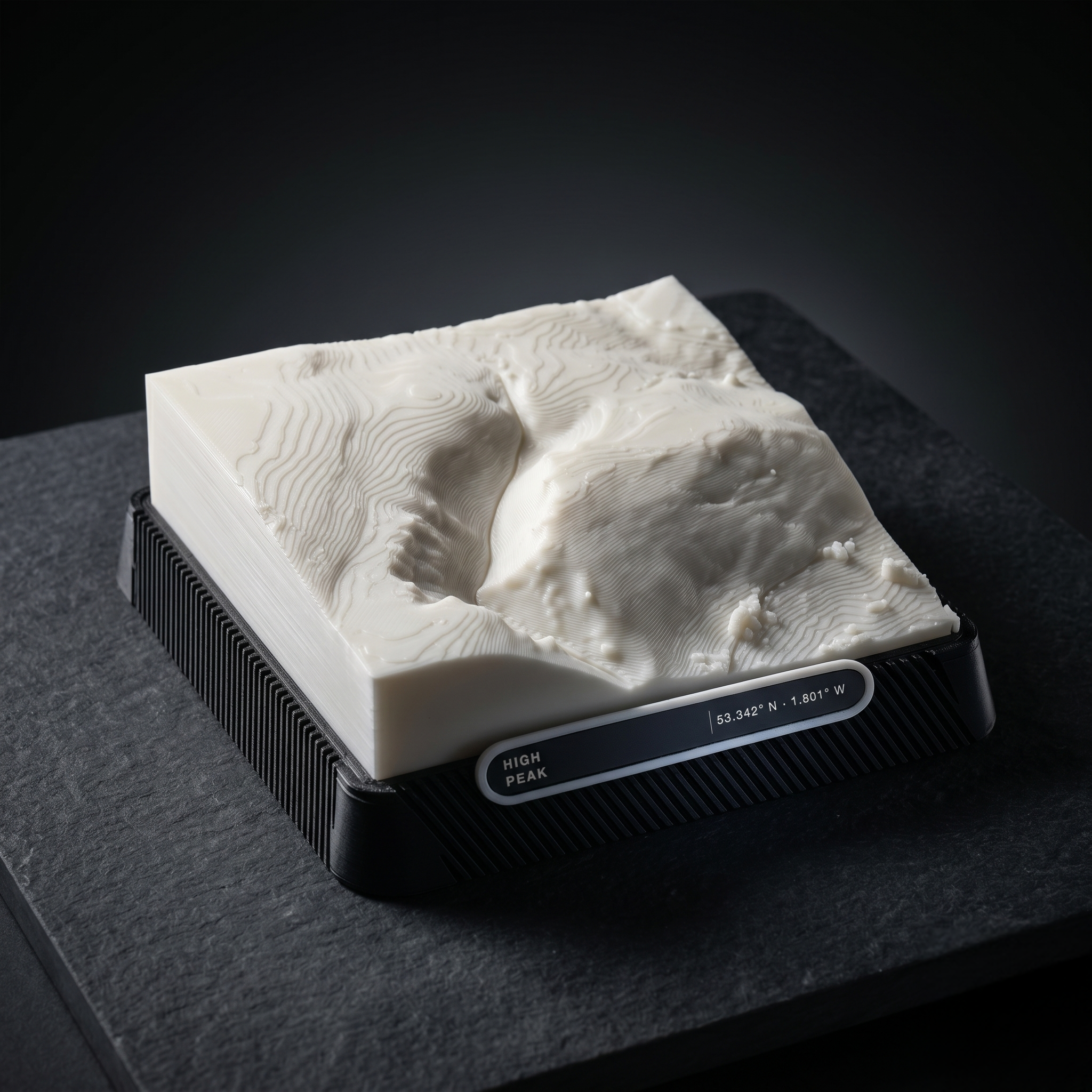 Winnats Pass 3D printed city map · 9×9cm relief model · 53.342° N · 1.801° W