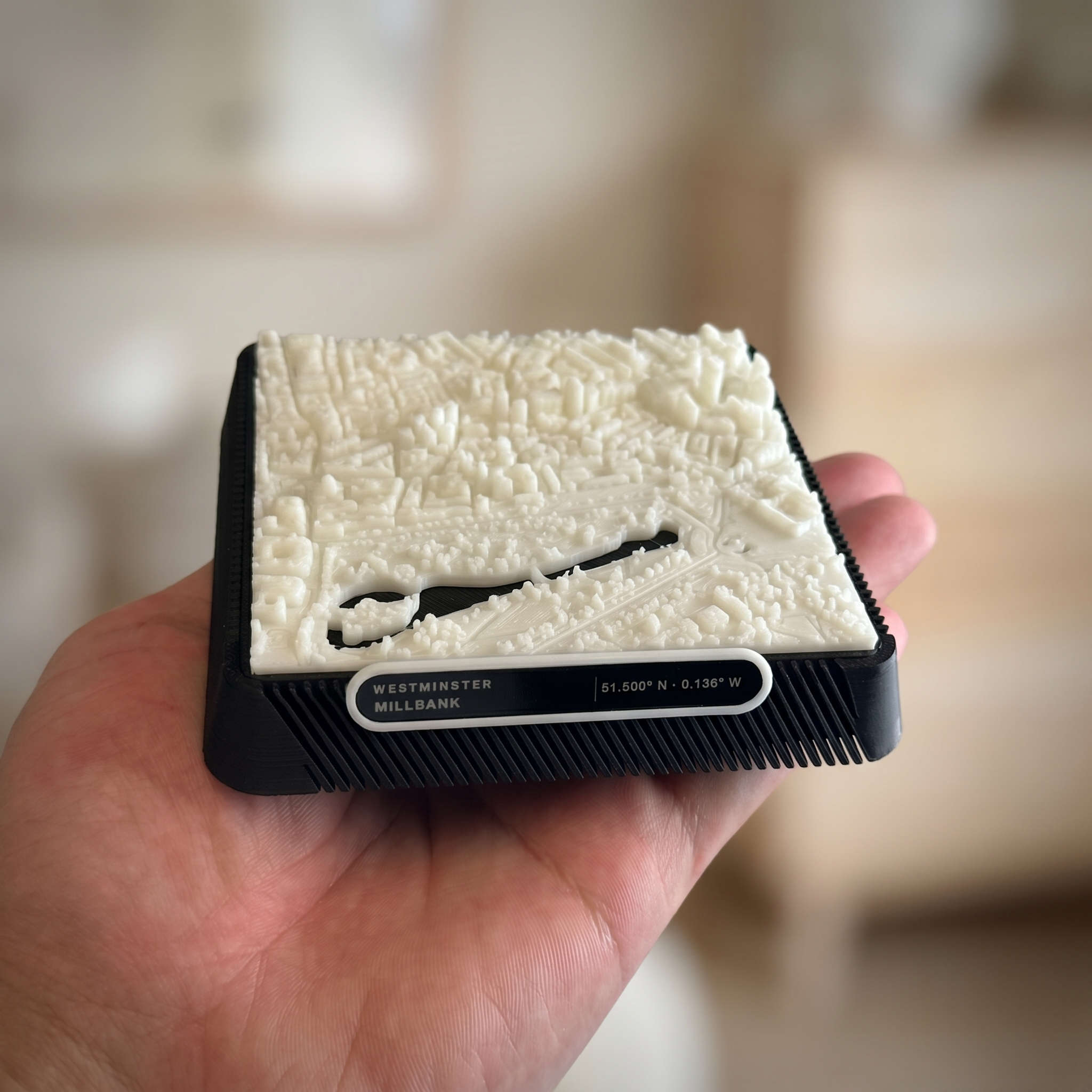 London Westminster 3D printed city map · 9×9cm relief model · 51.500° N · 0.136° W