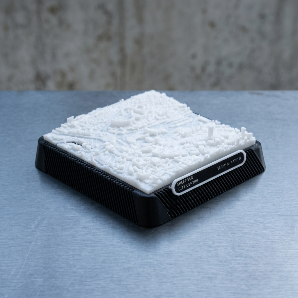 Sheffield City Centre 3D printed city map · 9×9cm relief model · 53.381° N · 1.470° W