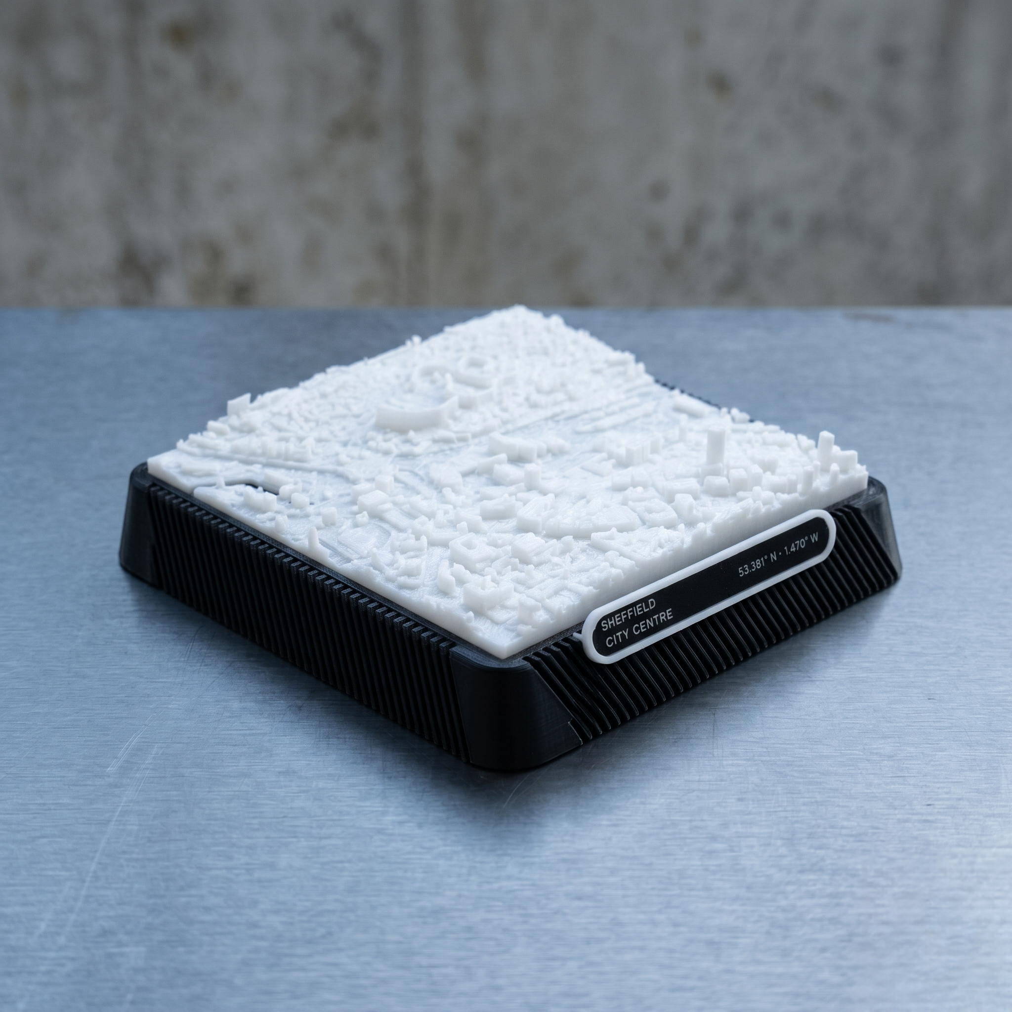 Sheffield City Centre 3D printed city map · 9×9cm relief model · 53.381° N · 1.470° W