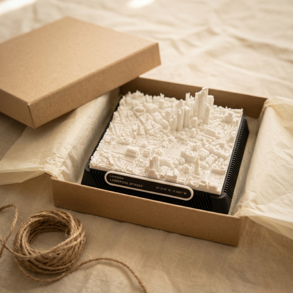 London Liverpool_Street 3D printed city map · 9×9cm relief model · 51.518° N · 0.081° W