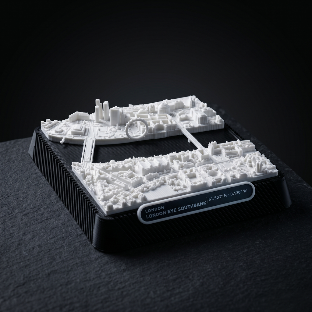 London South Bank 3D printed city map · 9×9cm relief model · 51.503° N · 0.120° W