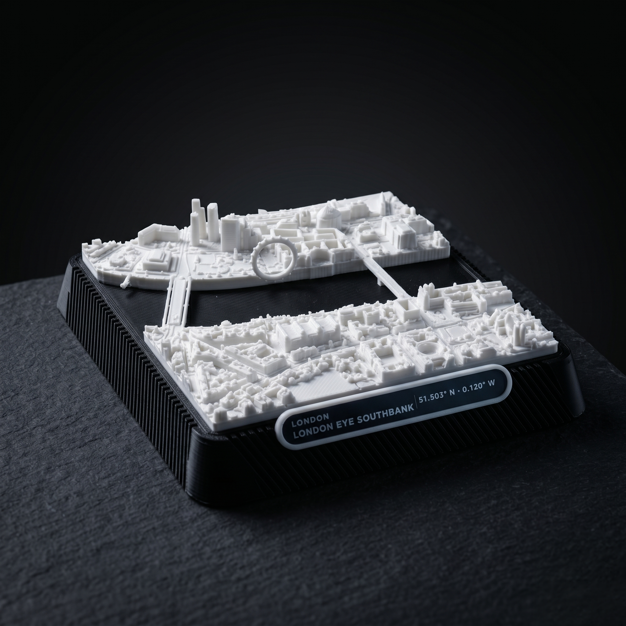 London South Bank 3D printed city map · 9×9cm relief model · 51.503° N · 0.120° W