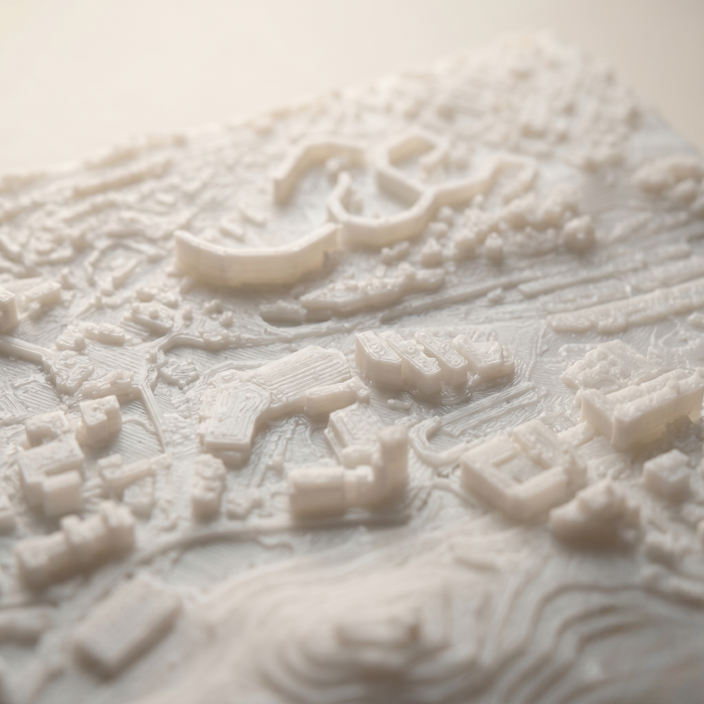 Sheffield City Centre 3D printed city map · 9×9cm relief model · 53.381° N · 1.470° W