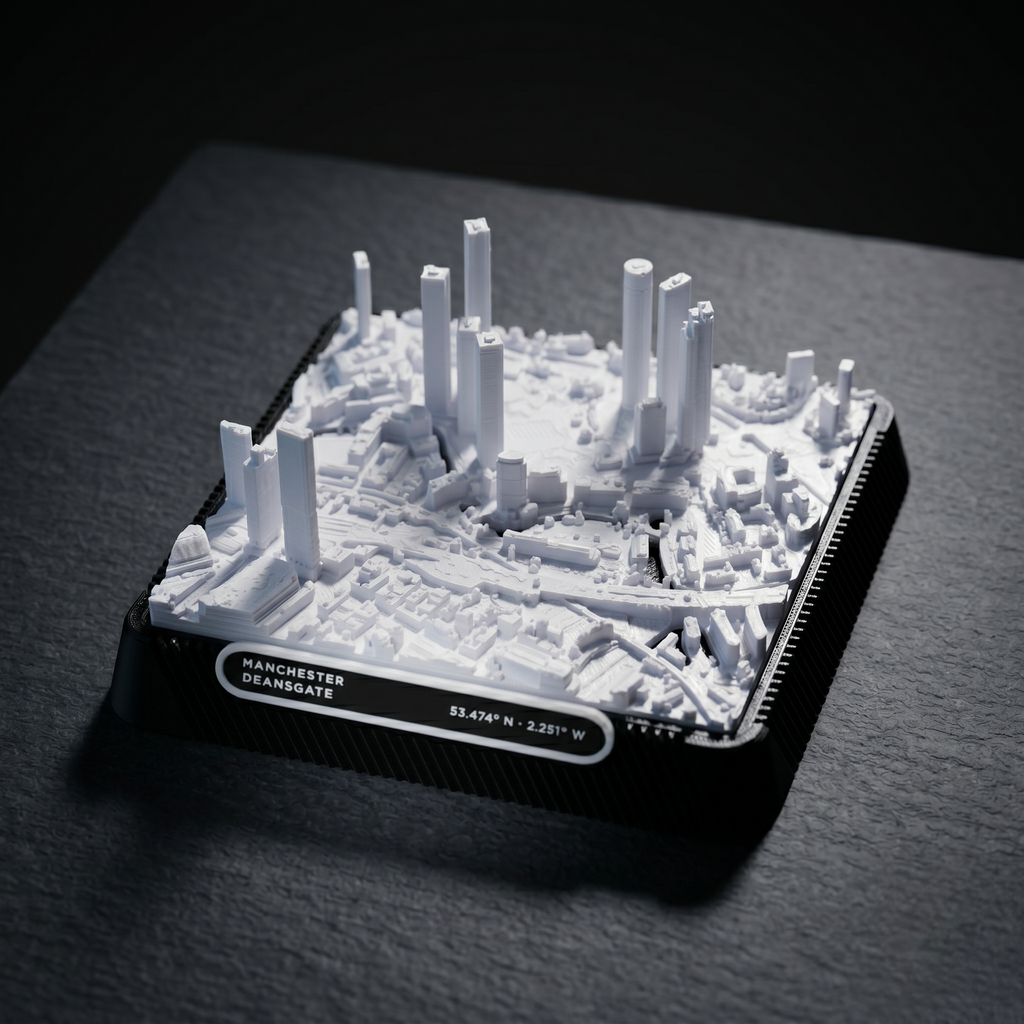 Manchester Deansgate 3D printed city map · 9×9cm relief model · 53.474° N · 2.251° W