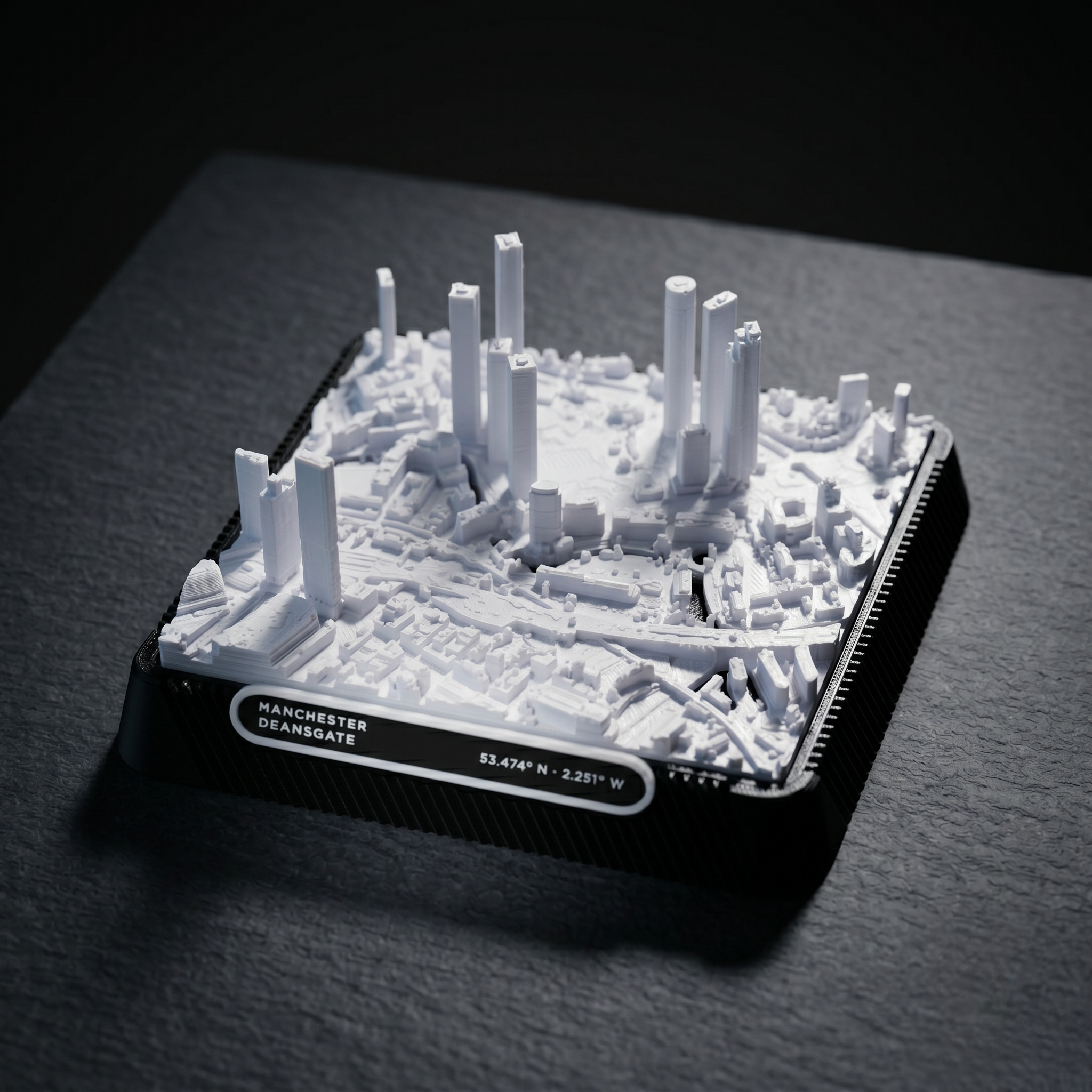 Manchester Deansgate 3D printed city map · 9×9cm relief model · 53.474° N · 2.251° W