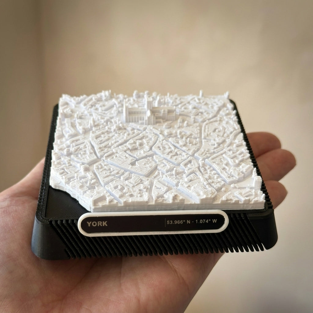 York city centre 3D printed city map · 9×9cm relief model · 53.966° N · 1.074° W