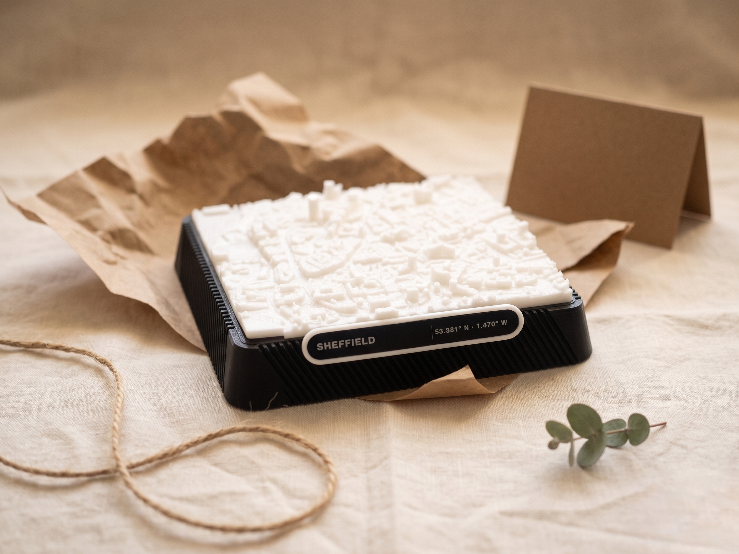 Sheffield Moorhead and Town Hall Square 3D printed city map · 9×9cm relief model · 53.380° N · 1.470° W