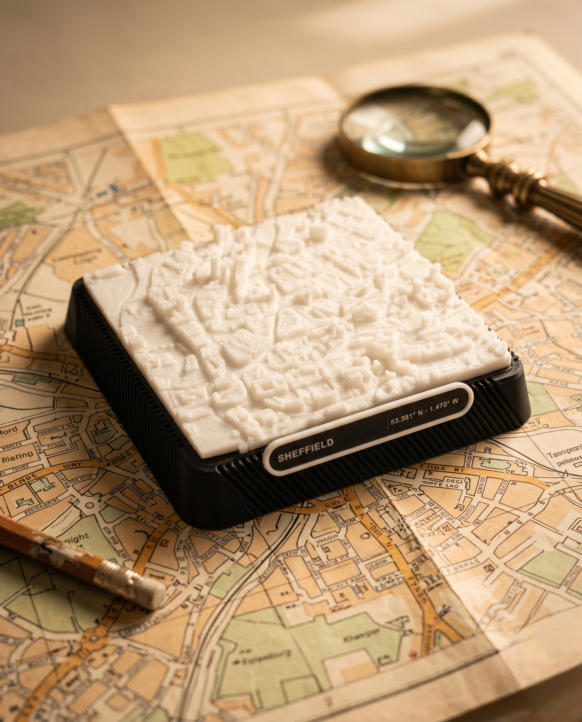 Sheffield Moorhead and Town Hall Square 3D printed city map · 9×9cm relief model · 53.380° N · 1.470° W
