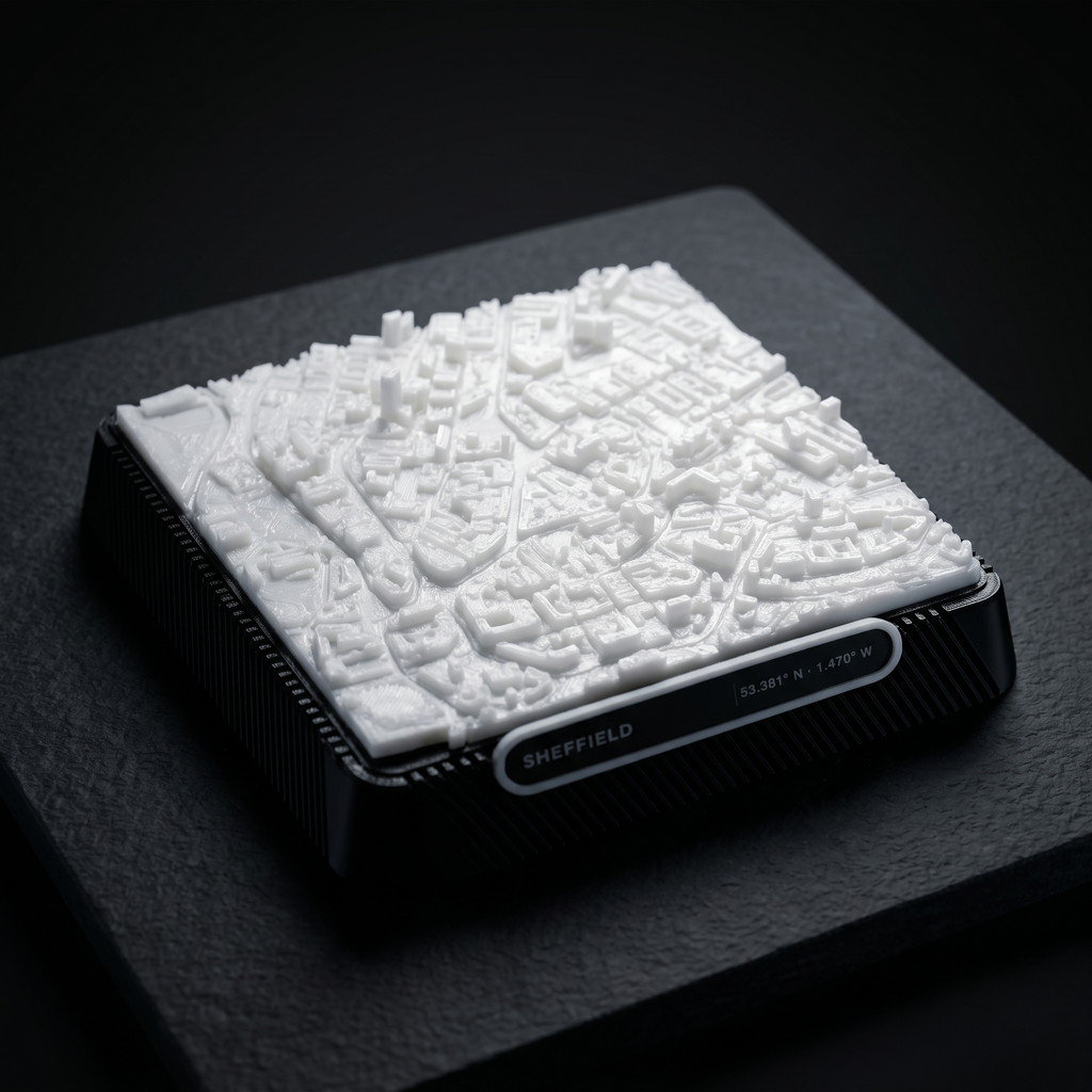 Sheffield Moorhead and Town Hall Square 3D printed city map · 9×9cm relief model · 53.380° N · 1.470° W