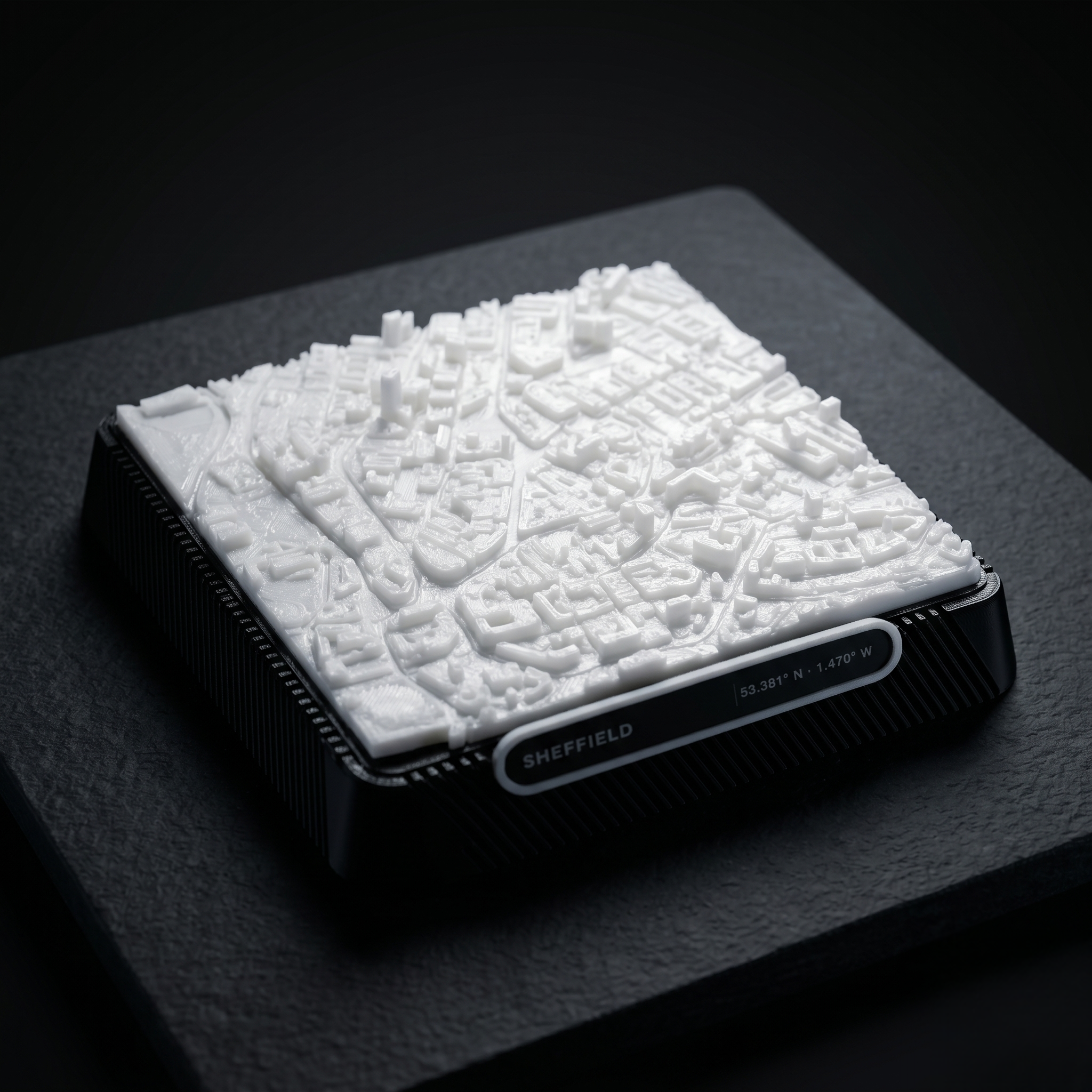 Sheffield Moorhead and Town Hall Square 3D printed city map · 9×9cm relief model · 53.380° N · 1.470° W