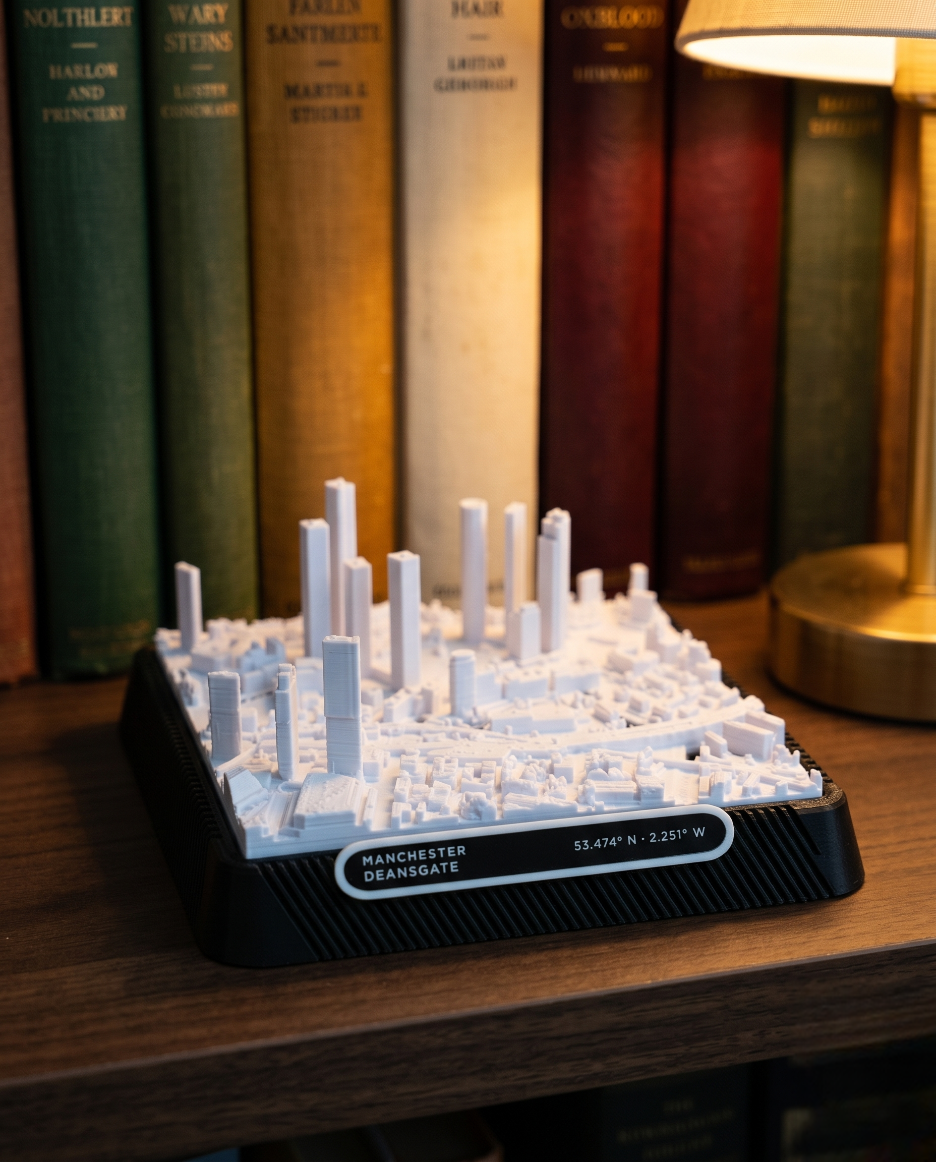 Manchester Deansgate 3D printed city map · 9×9cm relief model · 53.474° N · 2.251° W