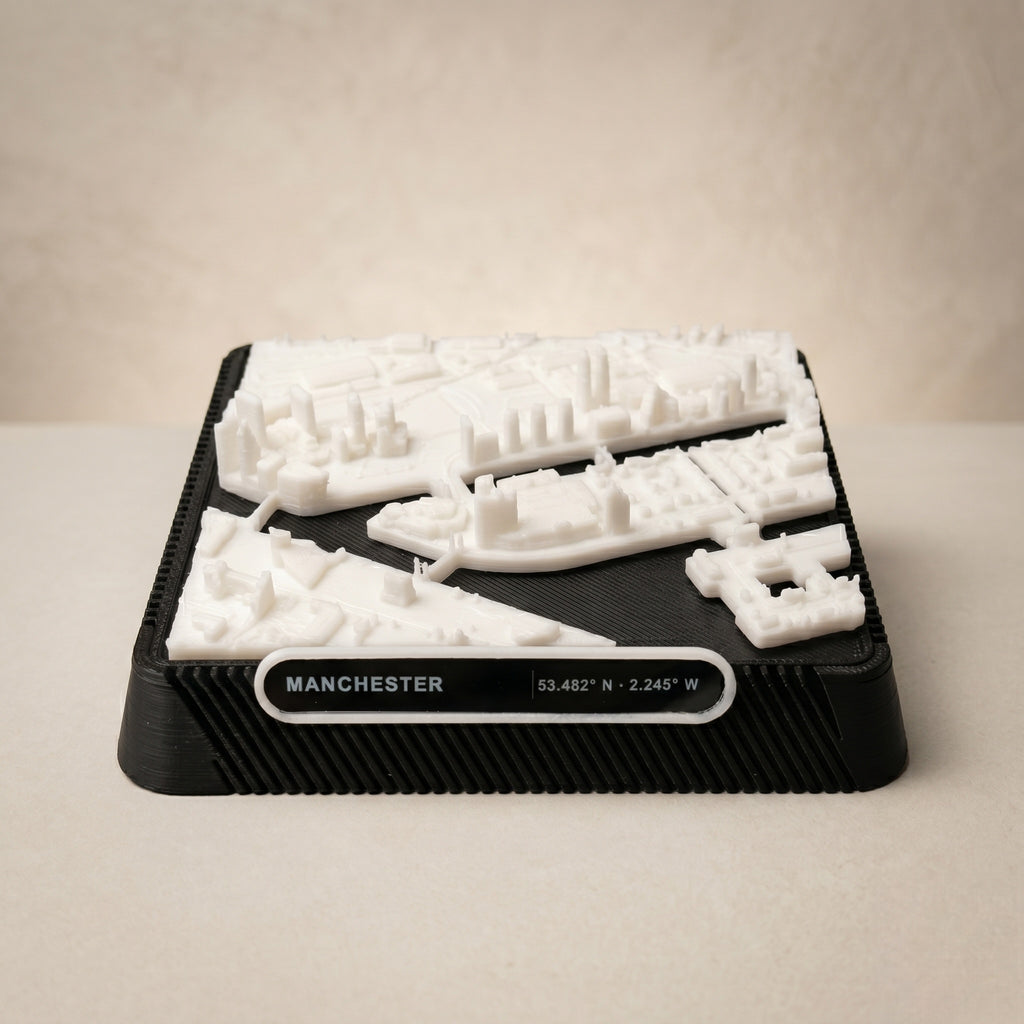 Salford, Greater Manchester Salford Quays and MediaCityUK 3D printed city map · 9×9cm relief model · 53.472° N · 2.294° W