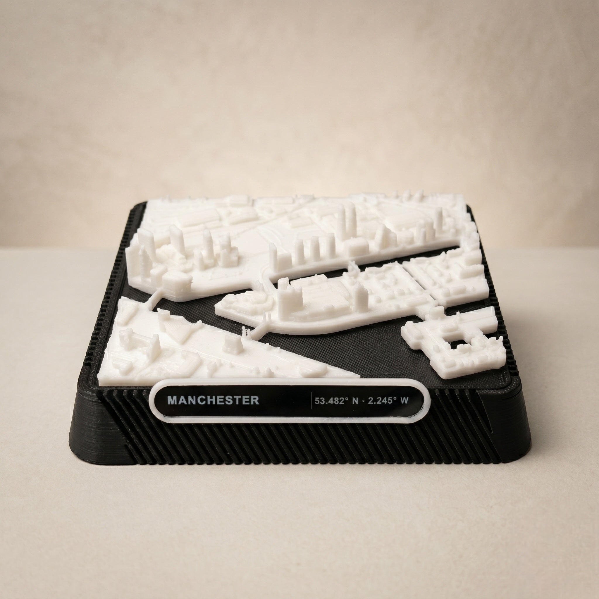 Salford, Greater Manchester Salford Quays and MediaCityUK 3D printed city map · 9×9cm relief model · 53.472° N · 2.294° W