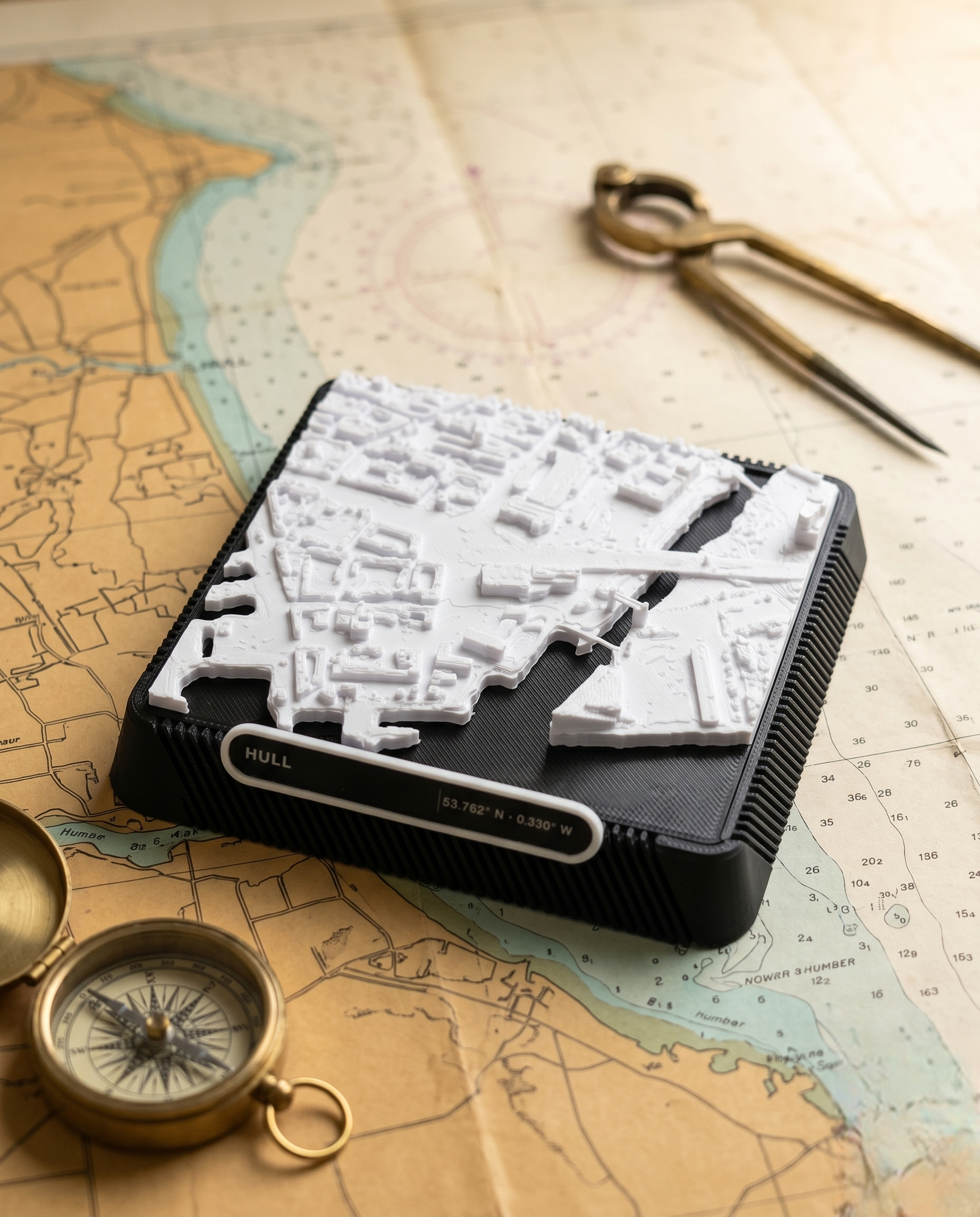 Kingston upon Hull 3D printed city map · 9×9cm relief model · 53.762° N · 0.330° W
