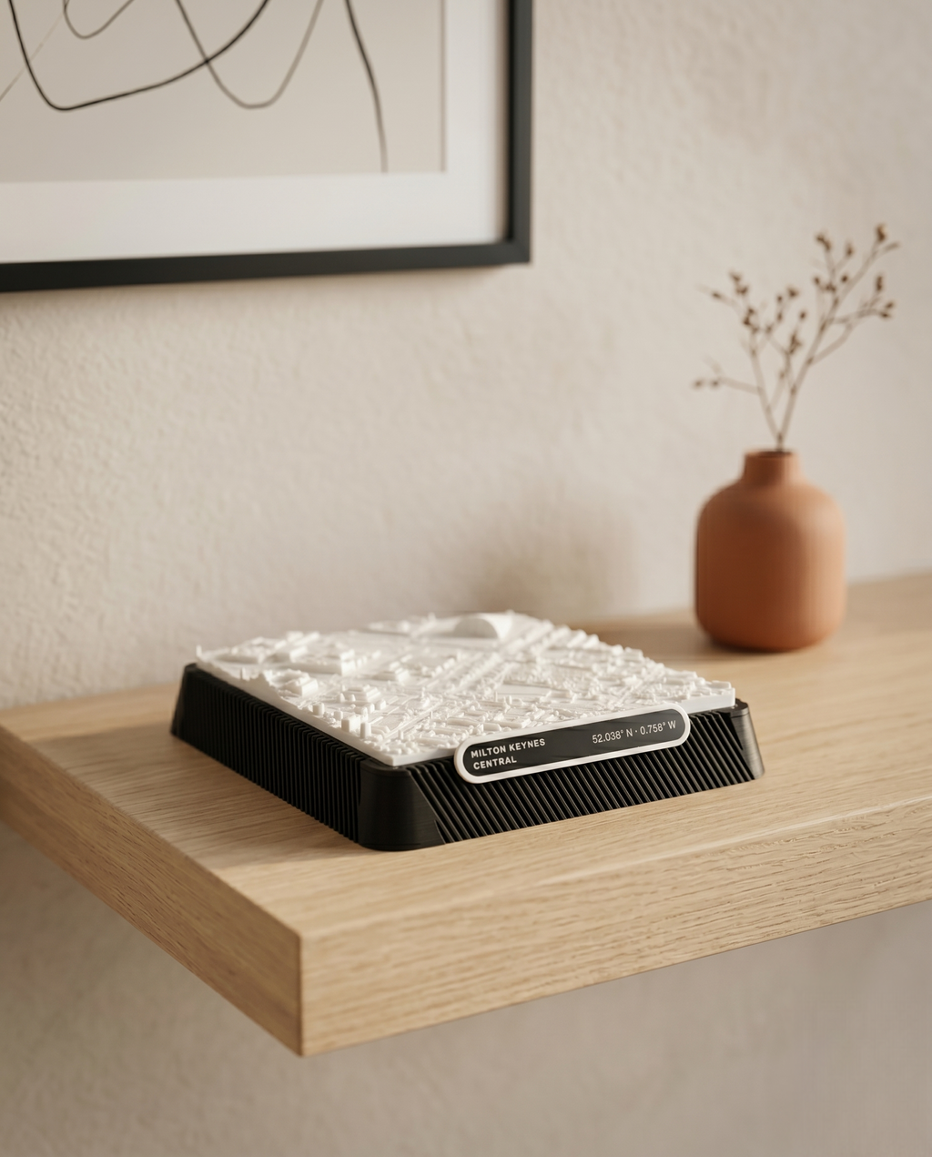 Milton Keynes Central Milton Keynes 3D printed city map · 9×9cm relief model · 52.038° N · 0.753° W