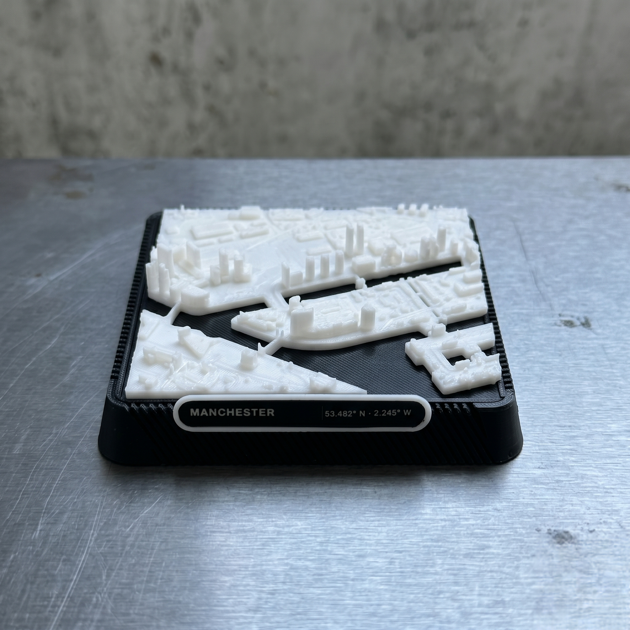 Salford, Greater Manchester Salford Quays and MediaCityUK 3D printed city map · 9×9cm relief model · 53.472° N · 2.294° W