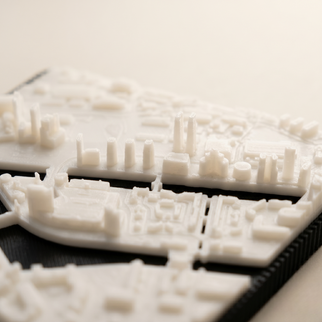 Salford, Greater Manchester Salford Quays and MediaCityUK 3D printed city map · 9×9cm relief model · 53.472° N · 2.294° W