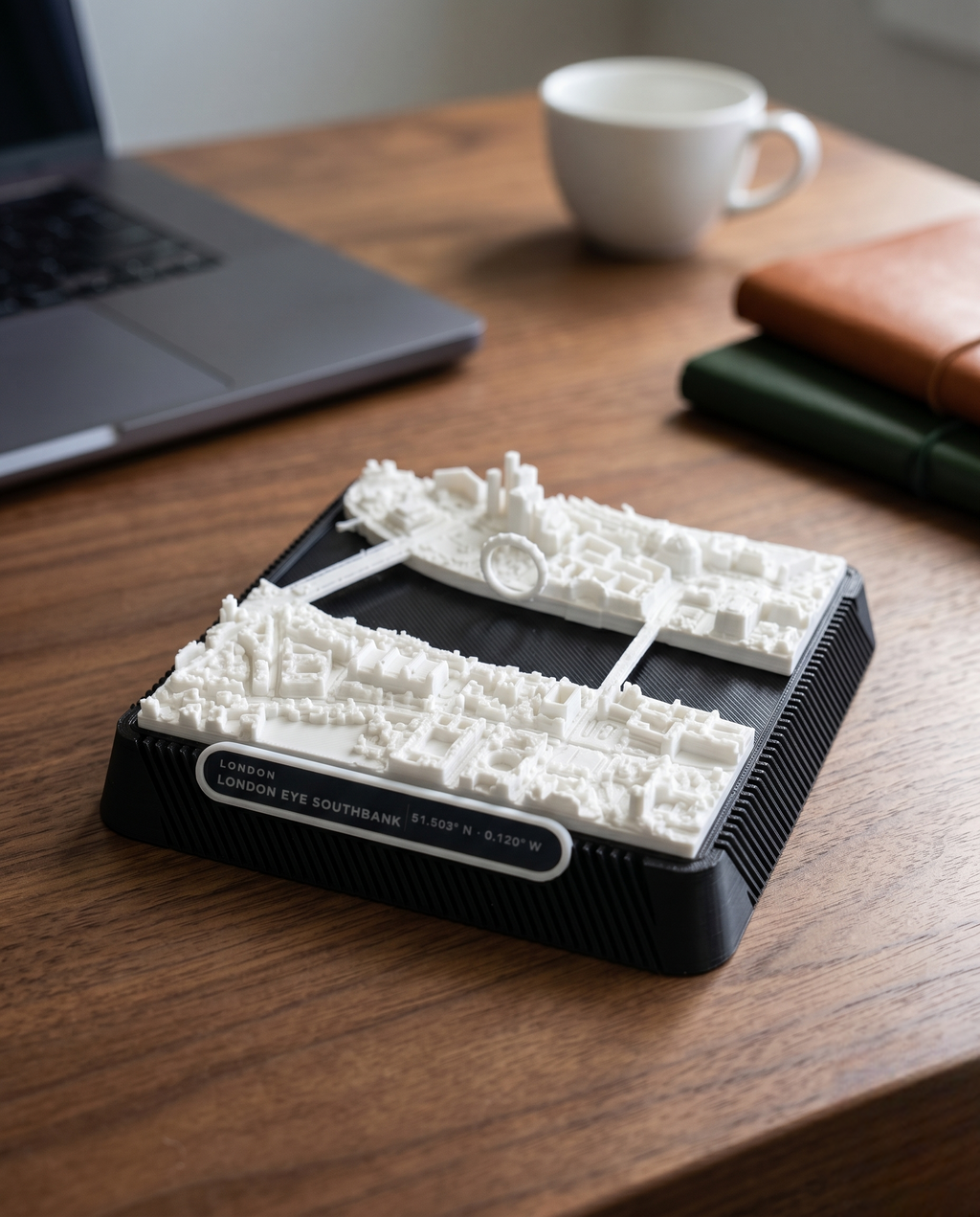 London South Bank 3D printed city map · 9×9cm relief model · 51.503° N · 0.120° W