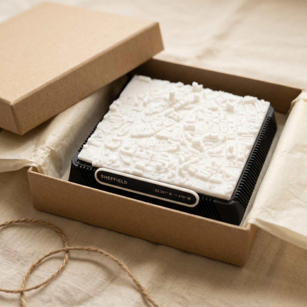 Sheffield Moorhead and Town Hall Square 3D printed city map · 9×9cm relief model · 53.380° N · 1.470° W
