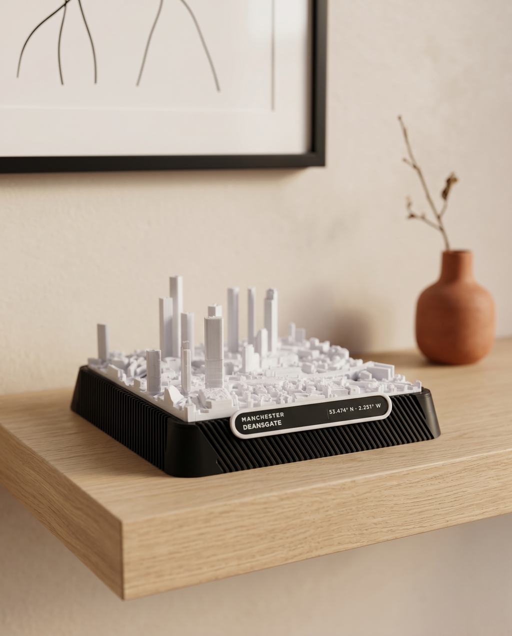 Manchester Deansgate 3D printed city map · 9×9cm relief model · 53.474° N · 2.251° W