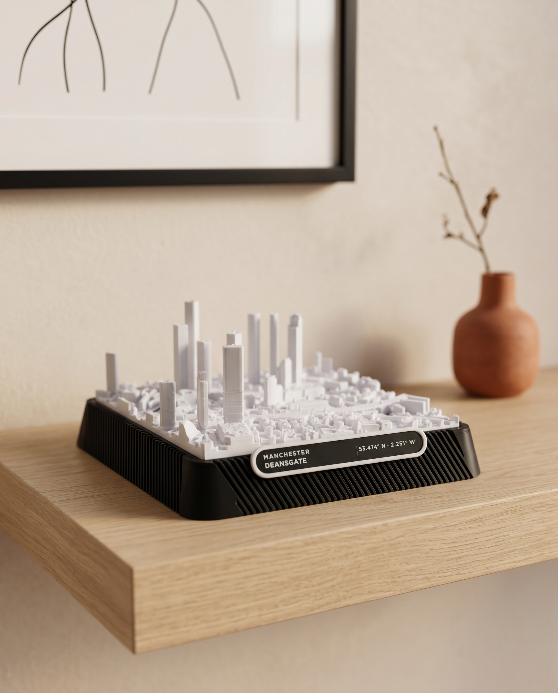 Manchester Deansgate 3D printed city map · 9×9cm relief model · 53.474° N · 2.251° W