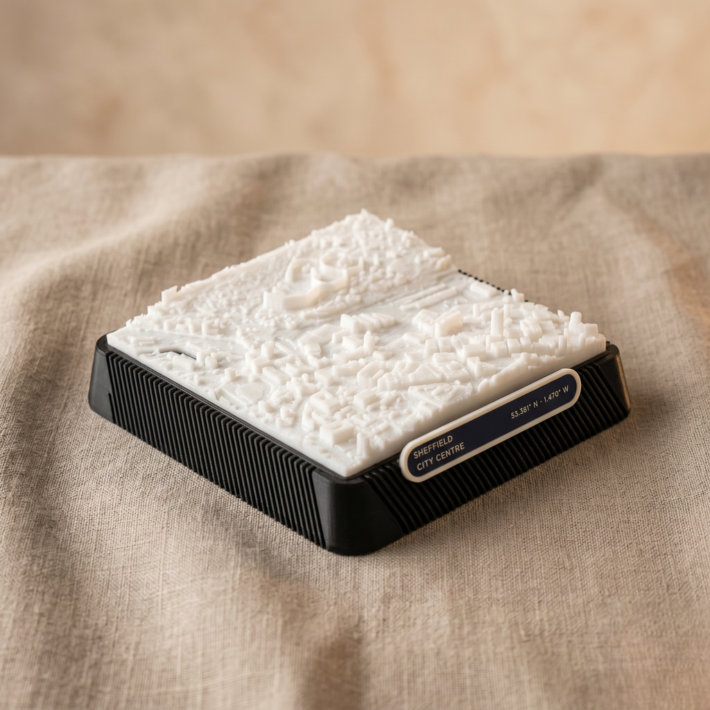 Sheffield City Centre 3D printed city map · 9×9cm relief model · 53.381° N · 1.470° W