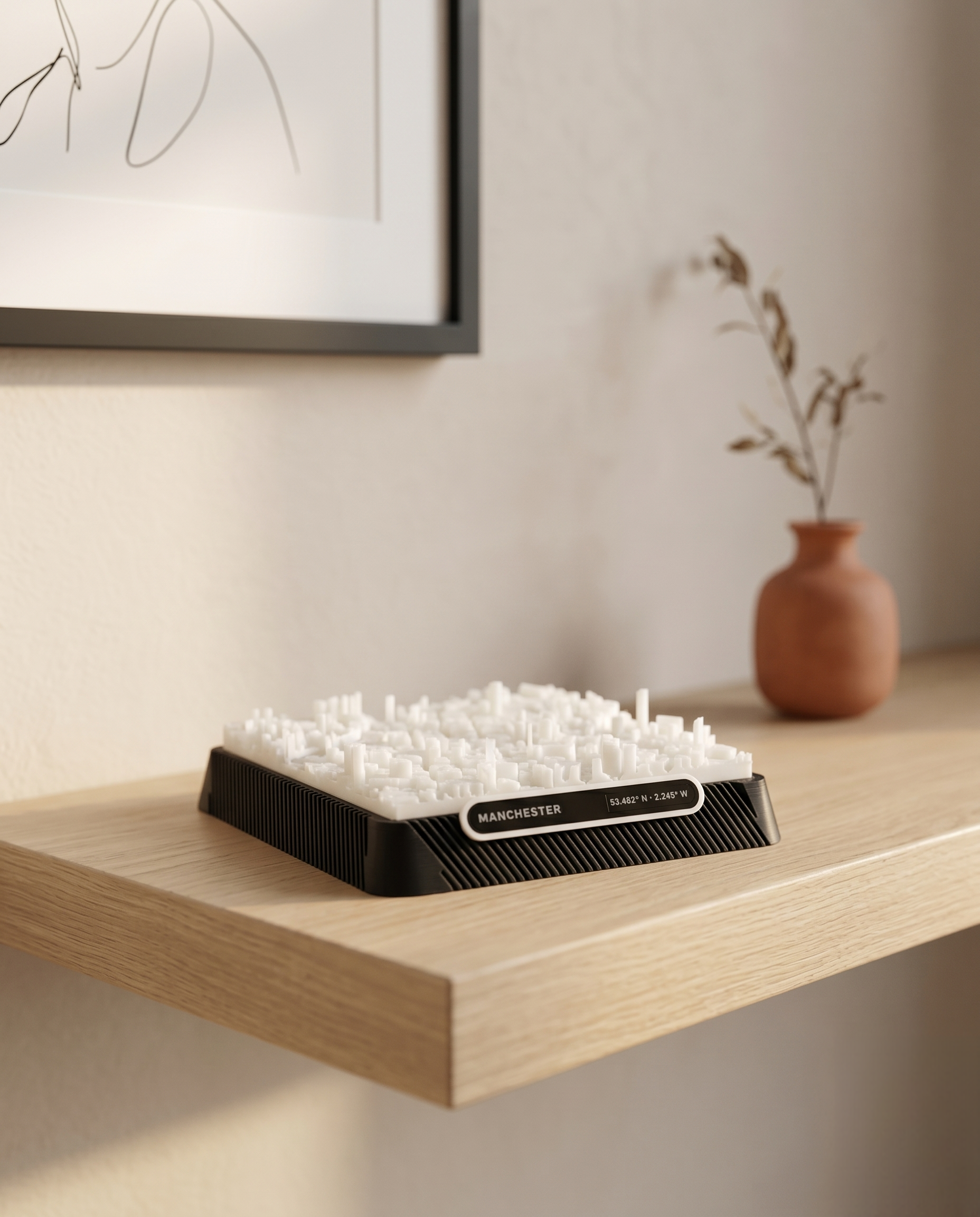 Manchester Central Retail District 3D printed city map · 9×9cm relief model · 53.482° N · 2.245° W