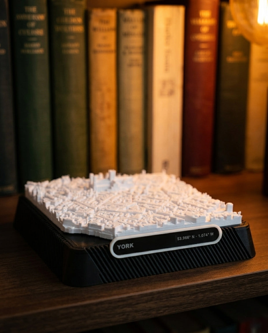 York city centre 3D printed city map · 9×9cm relief model · 53.966° N · 1.074° W
