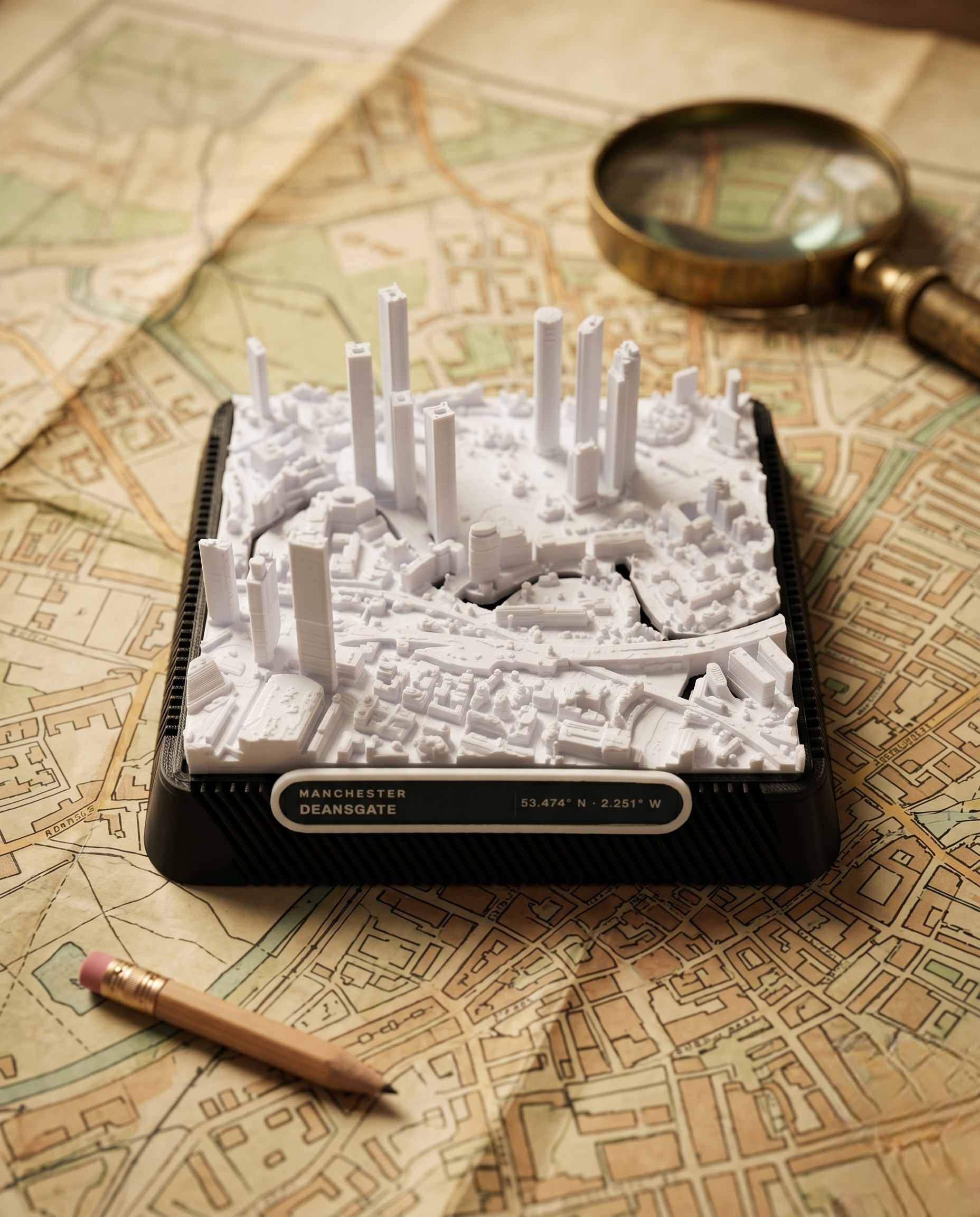 Manchester Deansgate 3D printed city map · 9×9cm relief model · 53.474° N · 2.251° W