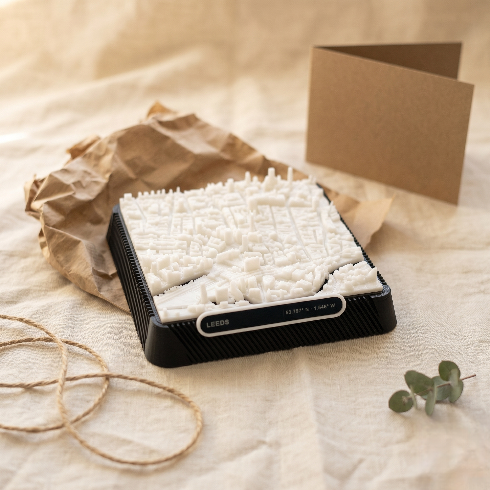 Leeds City Square 3D printed city map · 9×9cm relief model · 53.797° N · 1.546° W