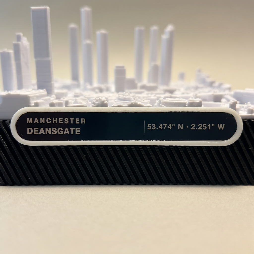 Manchester Deansgate 3D printed city map · 9×9cm relief model · 53.474° N · 2.251° W